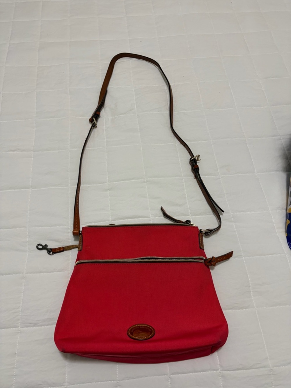 Red Crossbody Canvas Bag with Brown Trim